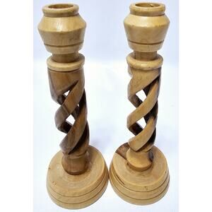 Pair Handcarved UNUSED Holyland Olive Wood Spiral Candlestick Holders 4.75" Tall